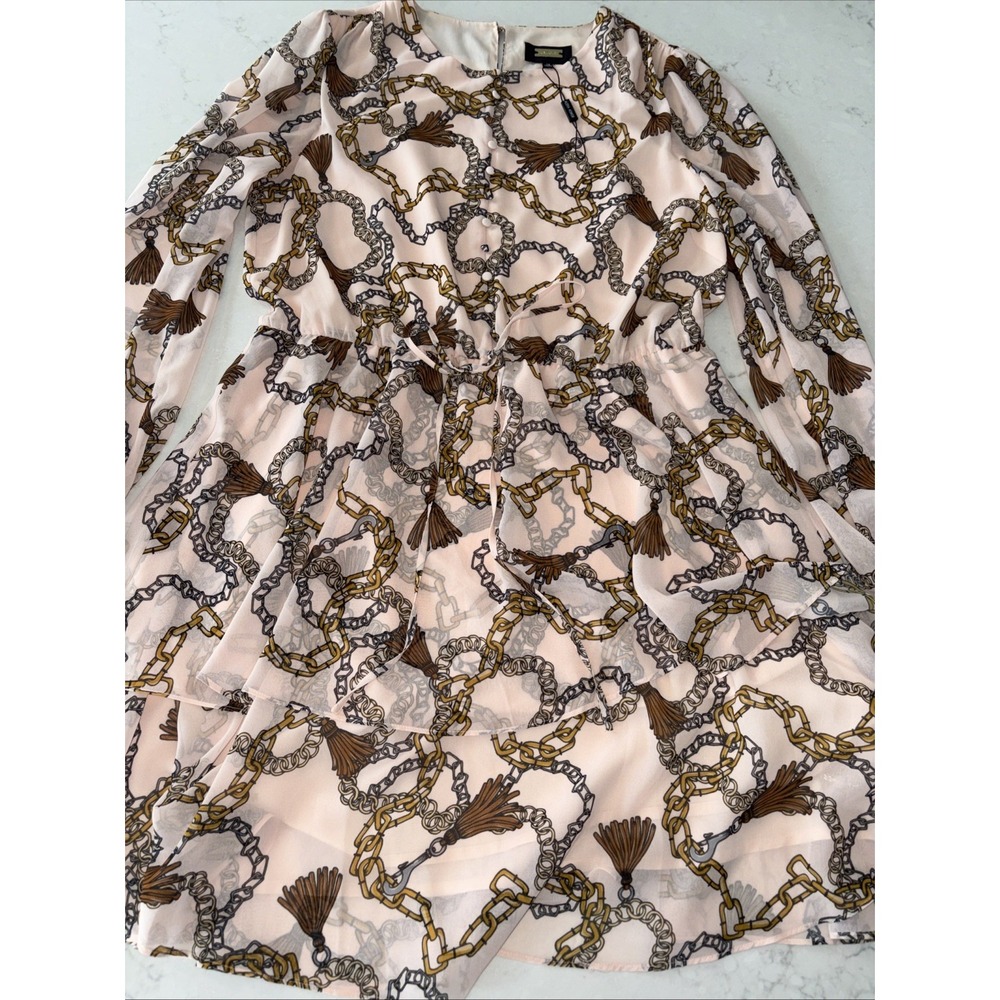 Alexia Admor Womens 12 Ruffle Tiered Shift Dress Pink Chain Tassel Print LS New